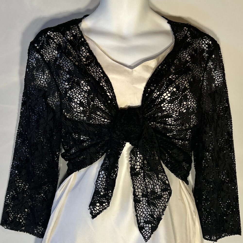 Vasna Black Lace Open front tie dressy formal feminine cover up goth witchy